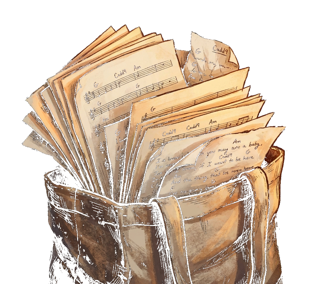 A canvas bag overflowing with hand-marked chord chart sheets